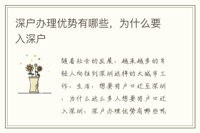 深戶辦理優(yōu)勢有哪些，為什么要入深戶