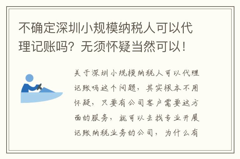 不確定深圳小規(guī)模納稅人可以代理記賬嗎？無須懷疑當(dāng)然可以！